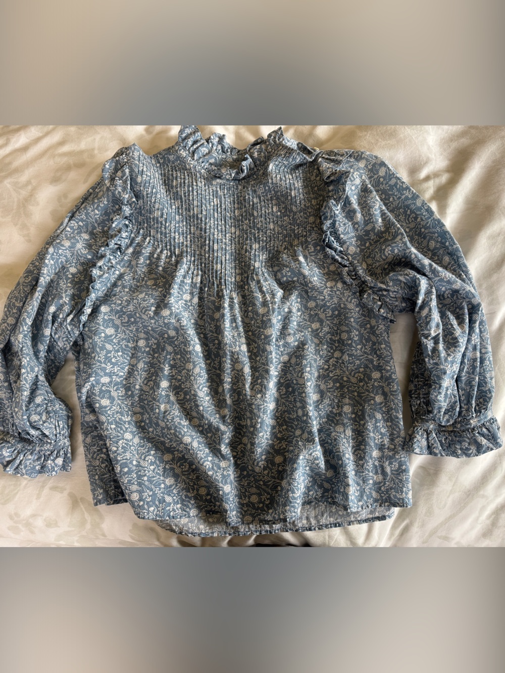 Doen Blue Floral Smocked Ruffle Neck Blouse